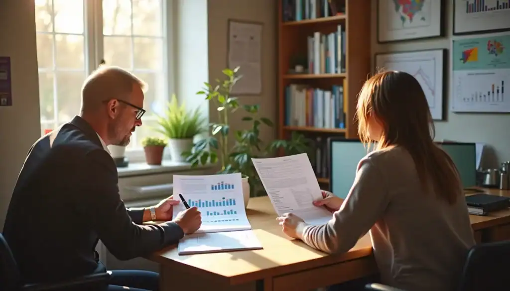 Två personer diskuterar ekonomiska rapporter.